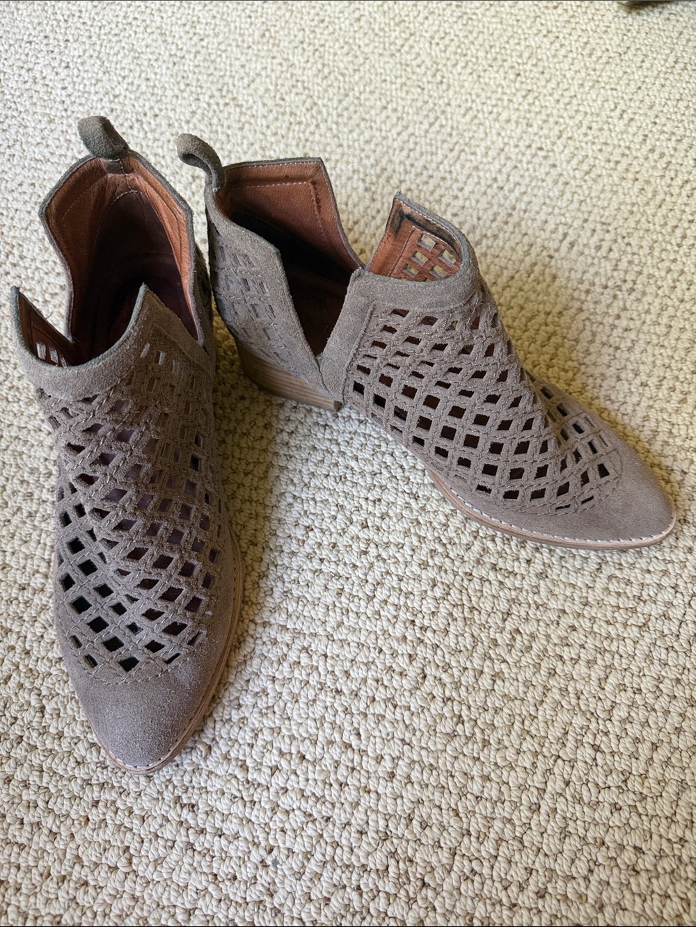 Jeffrey Campbell Taupe Suede Laser-Cut Ankle Booties